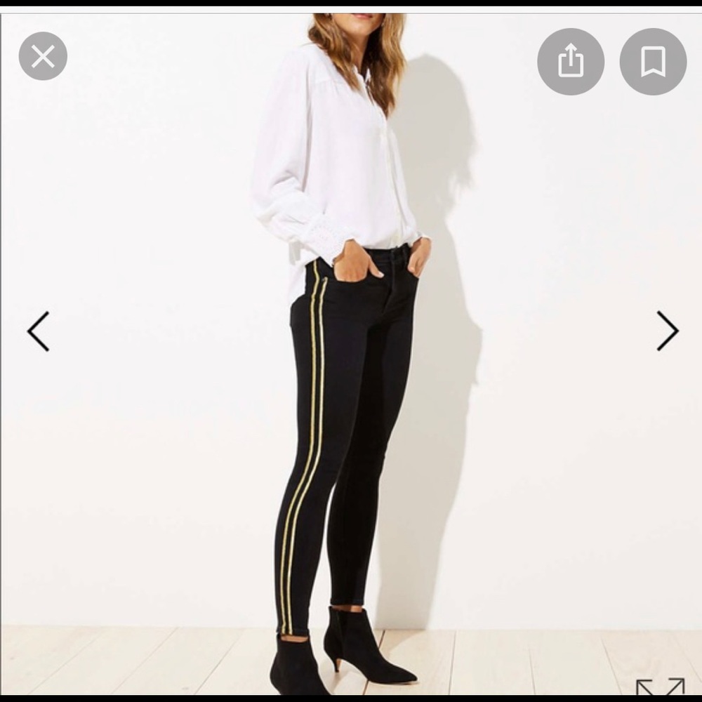 LOFT modern skinny black jeans w gold striping NWT